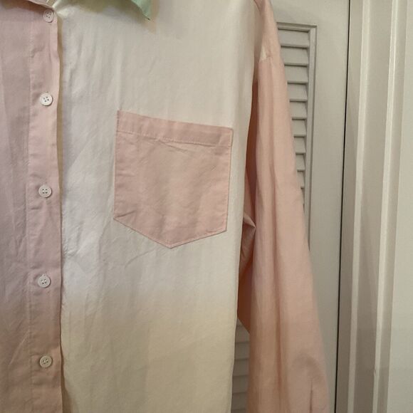 Storets Womens Color Block Long Sleeve Button-Up Blouse Green Pink, S/M - Picture 7 of 11